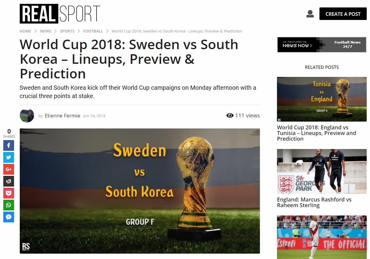  2018 러시아월드컵 한국-스웨덴 경기를 전망하는 <리얼스포츠> 갈무리.