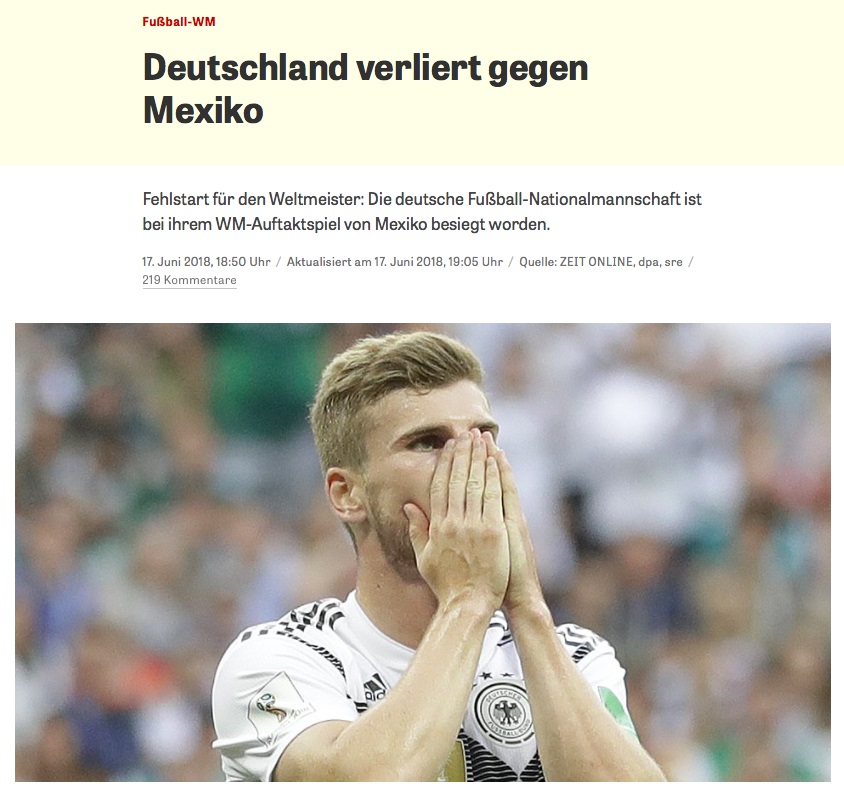 "독일이 지다니" 독일의 디 차이트지는 2018 러시아 월드컵 조별 예선 F조 첫 경기에서 멕시코에 패배한 독일 축구대표팀을 혹평했다.