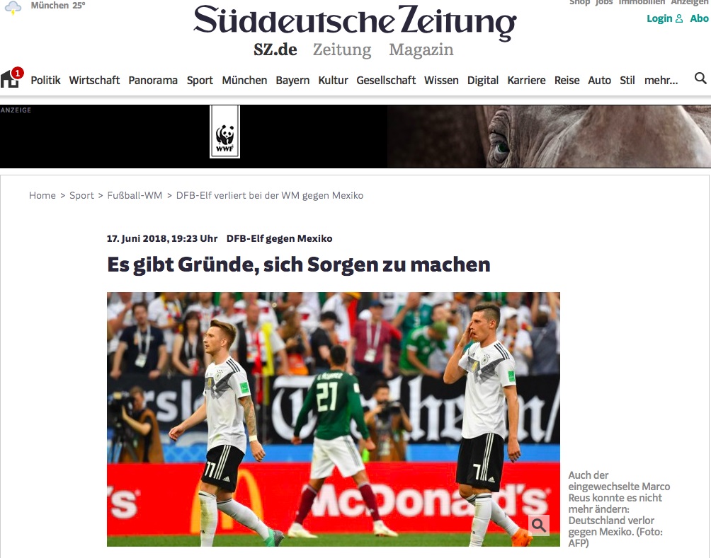 "충격의 독일 축구" 독일의 쥐드 도이체 차이퉁은 2018 러시아 월드컵 조별 예선에서 멕시코에 패배한 독일 축구대표팀의 문제점을 지적했다.