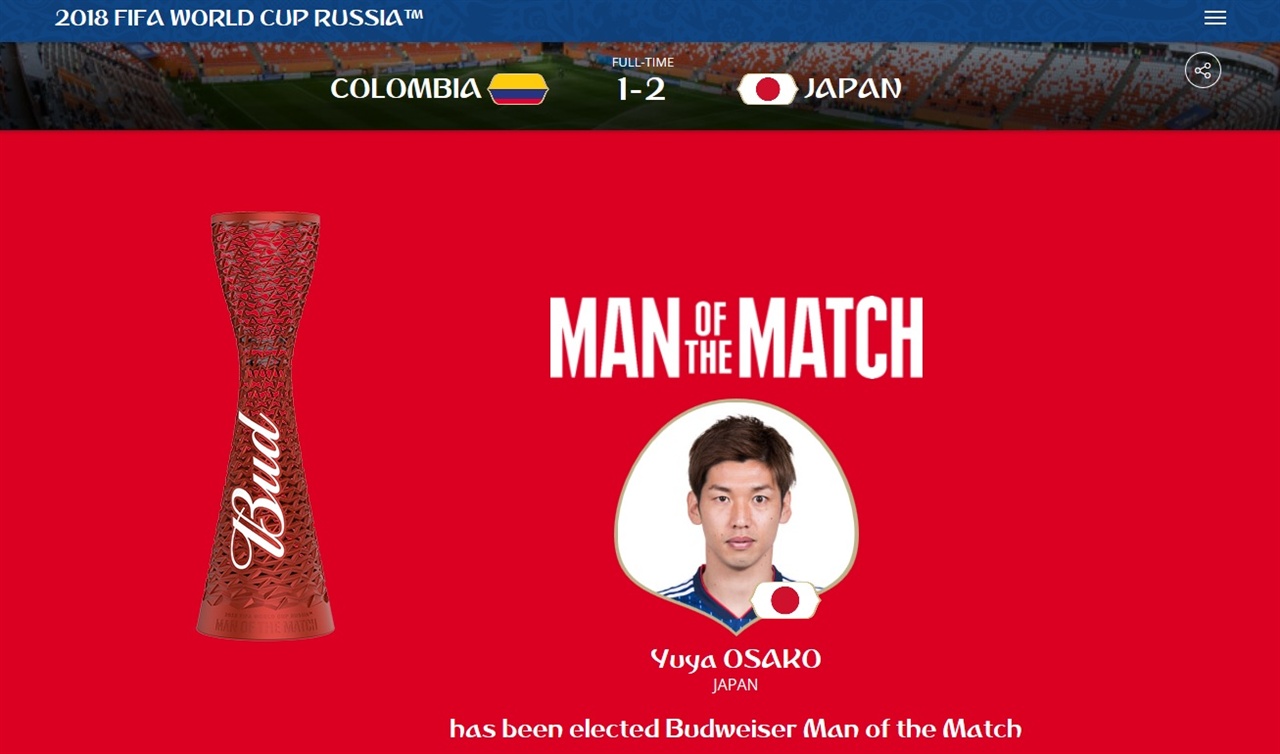 오사코 유야 콜롬비아와의 경기에서 결승골을 터뜨린 오사코 유야는 이 경기 MVP로 선정됐다.