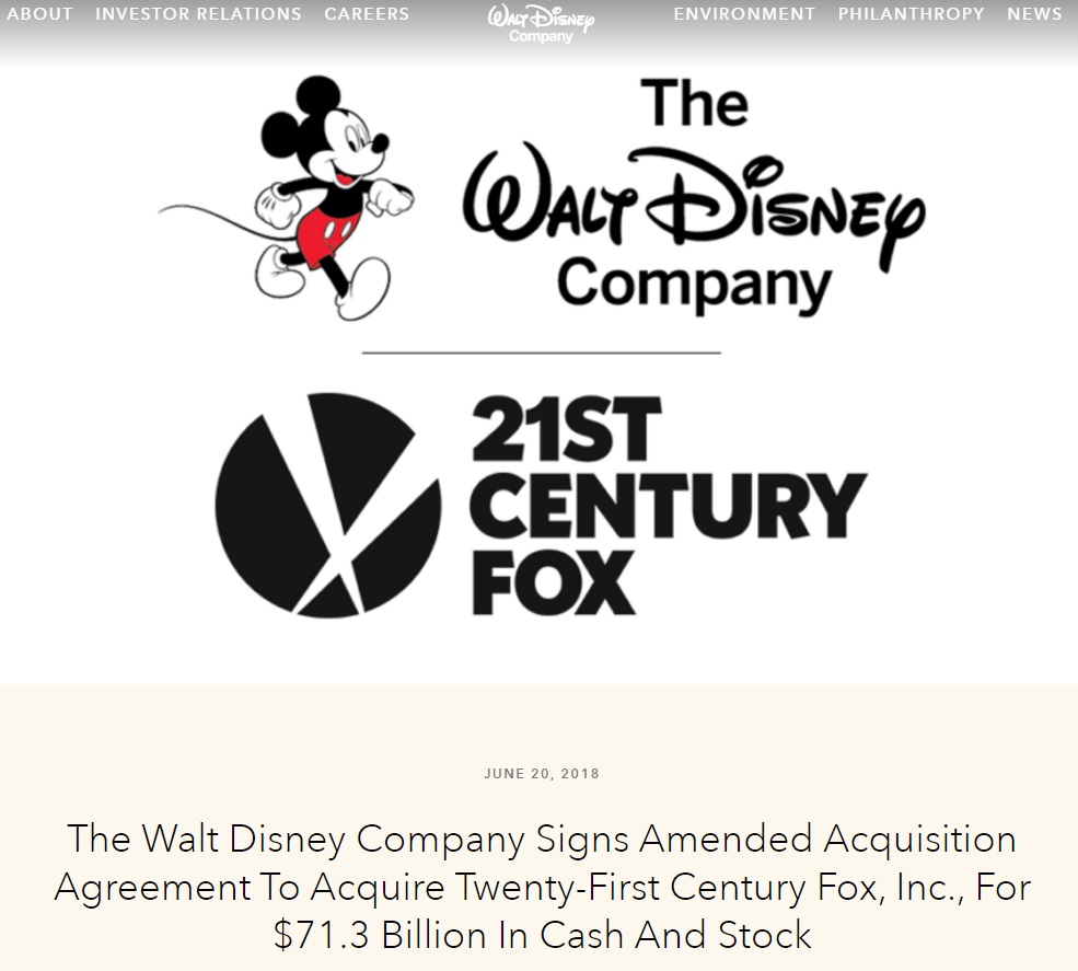  폭스 인수 계약 체곌 소식을 전한 디즈니의 공식 홈페이지