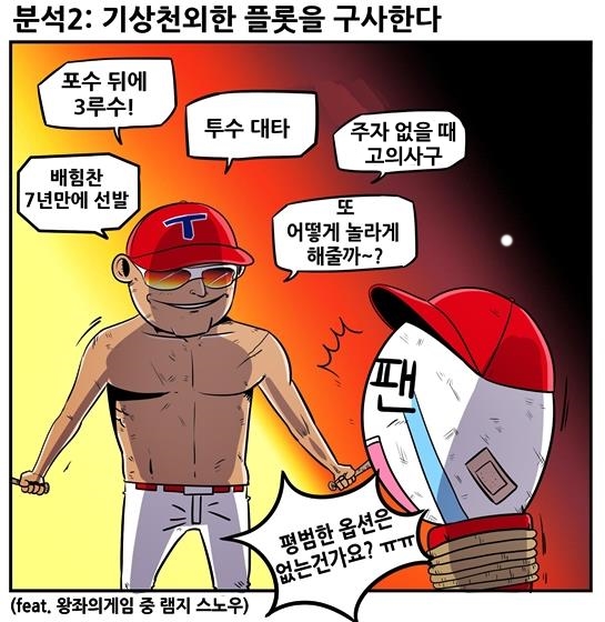  깜짝 선수기용과 작전을 펼치는 것으로 유명한 KIA 김기태 감독 (출처: [KBO 야매카툰] 김기태 감독과 '작가주의' 야구 편 중)
