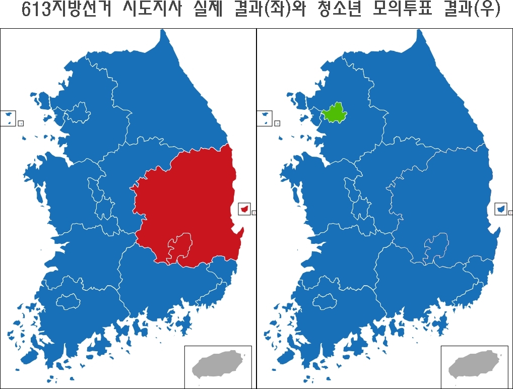 613지방선거 시도지사 당선자 실제 결과와 청소년 모의투표 결과