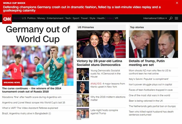 27일, 한국과 독일의 '2018월드컵' 조별리그 F조 경기 결과를 알리는 CNN 홈페이지 화면.