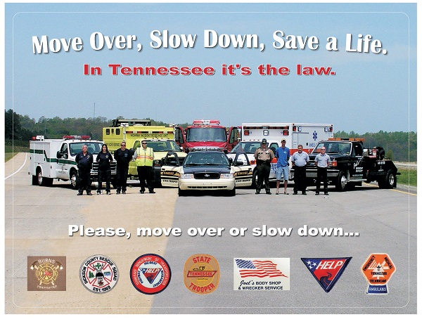 테네시 주 'Move Over Law' 를 알리는 캠페인 사진.
