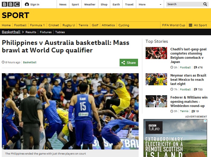  필리핀과 호주의 2019 국제농구연맹(FIBA) 농구월드컵 아시아지역 예선 경기에서 집단 난투극이 벌어졌다는 소식을 전하고 있는 영국 BBC
