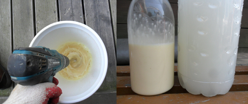 달걀노른자와 식용유를 혼합하여 만들고 있다(왼쪽), 난황유를 물에 희석하여 분리되지 않으면 잘 만든것이다(오른쪽)