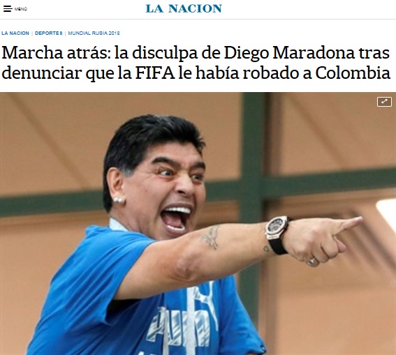  러시아 월드컵에서 각종 논란을 일으키고 있는 디에고 마라도나의 소식을 전하고 있는 아르헨티나 언론 <라 나시온>