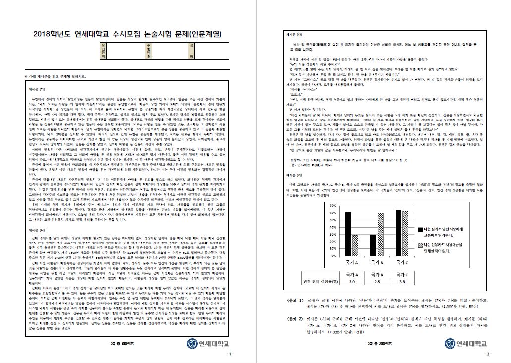 현행 대입 논술 문제 '18학년도 연세대 대입 수시