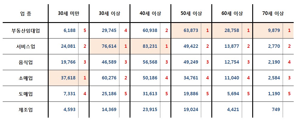 신규사업자 업종별, 연령대별 창업 현황(2015-2017)