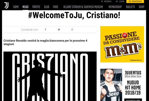  이탈리아 프로구단 유벤투스FC의 공식 홈페이지 메인 화면. 호날두의 이적을 알리면서 '환영한다'라고 밝혔다.