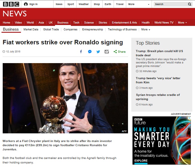  호날두 영입 소식을 듣고 피아트 근로자들이 파업을 선언했다는 소식을 전하고 있는 BBC