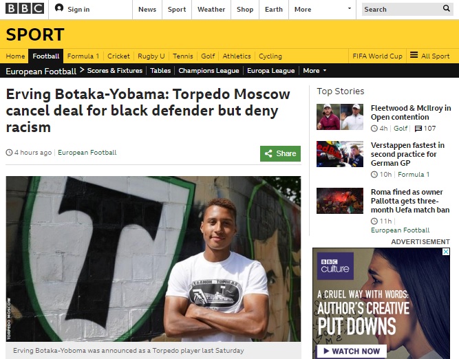  입단계약을 맺은 지 6일만에 러시아 축구클럽에서 계약 해지를 통보받은 아프리카계 선수의 소식을 전하고 있는 BBC  