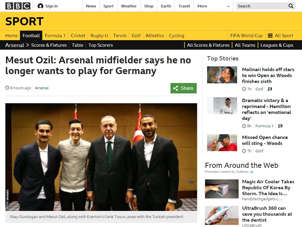  메수트 외질의 독일 국가대표 은퇴 선언을 보도하는 영국 BBC 뉴스 갈무리.