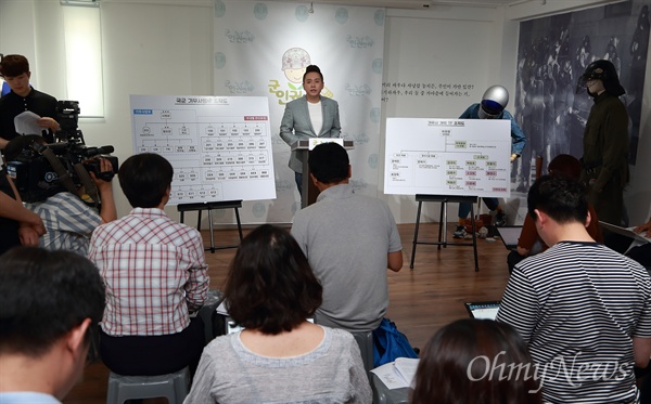 군인권센터, 기무사 구조 및 사찰 방식 공개 군인권센터 임태훈 소장이 30일 오전 서울 서대문구 이한열기념관에서 '국군기무사령부(기무사) 조직 구조 및 사찰 방식 공개 긴급기자회견'을 열어 기무사 해체 및 기무사 개혁TF 재구성을 촉구했다.