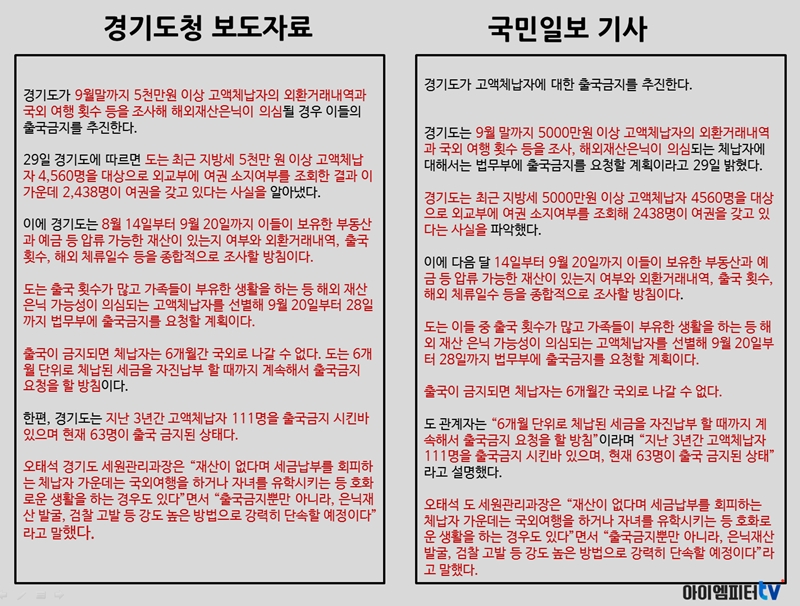 경기도청의 고액체납자 출국금지 관련 보도자료(좌)와 이를 보도한 국민일보 기사(우) 기사와 보도자료는 거의 흡사할 정도로 비슷했다.