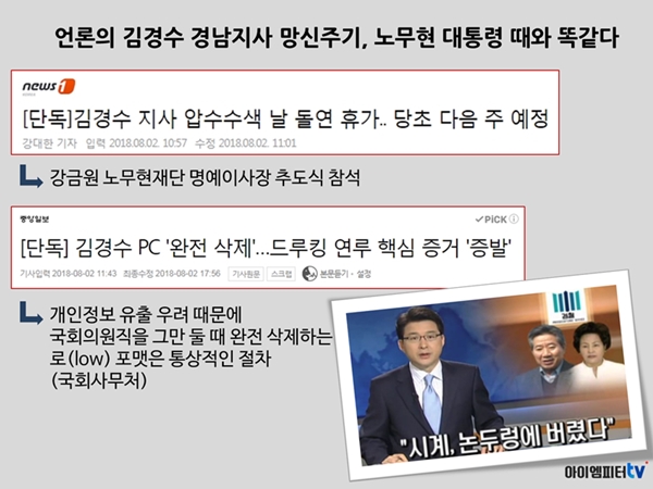  언론은 마치 김경수 지사가 압수수색을 피하고, 일부러 PC를 삭제했다고 보도했다. 그러나 김 지사는 매년 참석했던 추도식에 갔었고, PC 삭제는 국회 사무처의 통상적인 업무였다. 언론의 망신주기는 노무현 대통령 때와 유사한 보도 행태를 보인다.