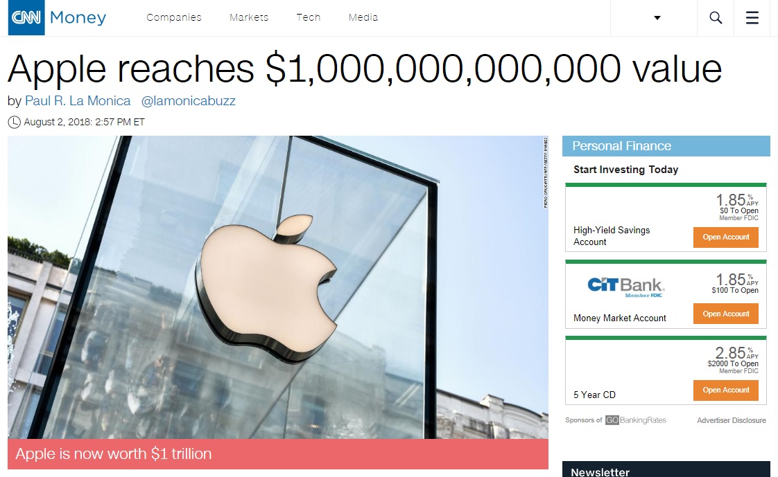 애플의 시가총액 1조 달러 돌파를 보도하는 미국 CNN 뉴스 갈무리.