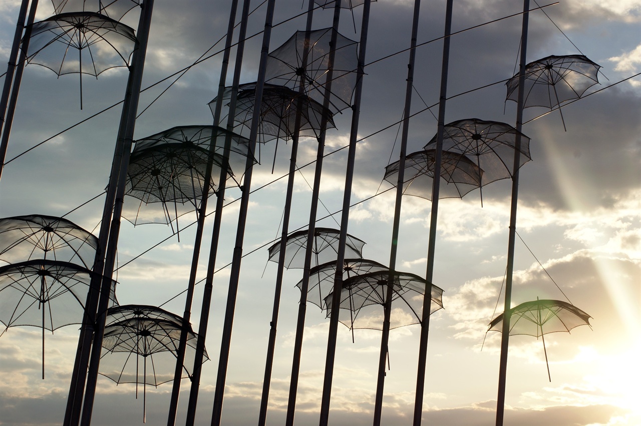 하늘을 배경으로 나열된 검정 '우산'들