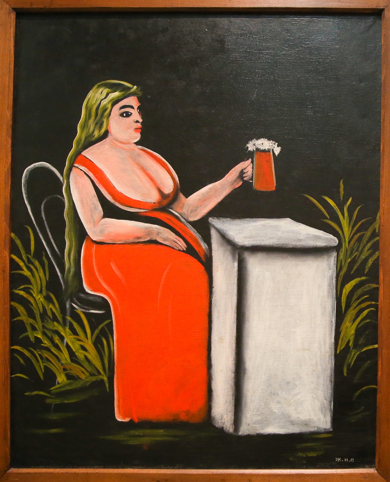 창녀로 추정되는 여인이 맥주잔을 들고 정면을 응시하고 있다. 피로스마니의 몇 안되는 여자 초상화 중의 하나이다.
