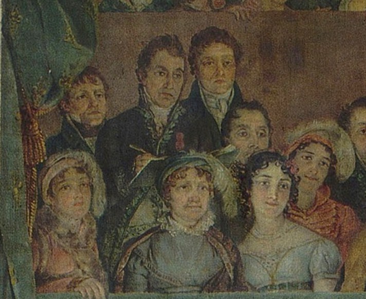 <나폴레옹 대관식> 그림의 2층 왼쪽 구석 커튼이 쳐진 쪽에 스케치북을 들고 있는 남자가 화가 자크 루이 다비드다