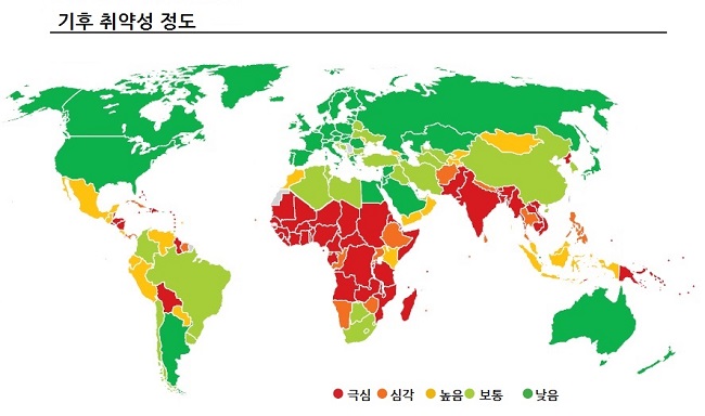 기후취약포럼(CVF) 등이 2012년 분석한 세계 각국의 기후취약성 정도. 색이 붉을수록 피해가 큰 지역인데, 아프리카·남아시아 등 적도 주변의 개발도상국·극빈국들이 가장 심각한 상황임을 알 수 있다. 북한 역시 붉은색의 극심(acute) 단계로 분류됐는데, CVF는 특히 2030년경 북한에서 홍수·태풍·식량난 등의 피해가 커질 것으로 예상했다.