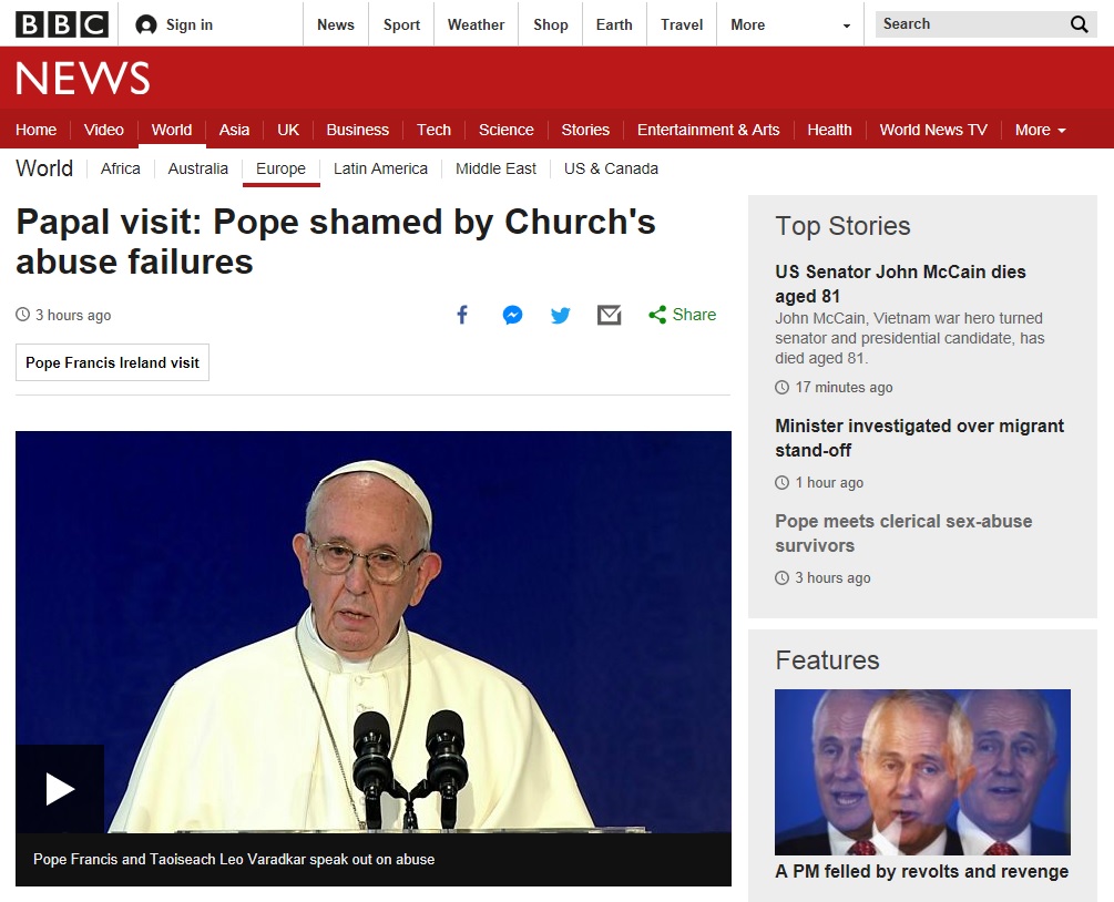 프란치스코 교황의 가톨릭 성직자 성범죄 사죄를 보도하는 영국 BBC 뉴스 갈무리.