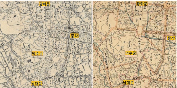  일제강점기 태평로 건설 전후의 변화(광화문~남대문 구간). 용산합병경성시가전도(좌, 1911)와 경성부명세신지도(우, 1914)
