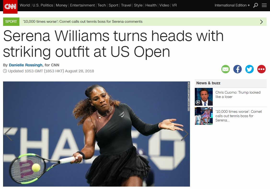  여자 테니스 선수에 대한 복장 제한 논란을 보도하는 미국 CNN 뉴스 갈무리.