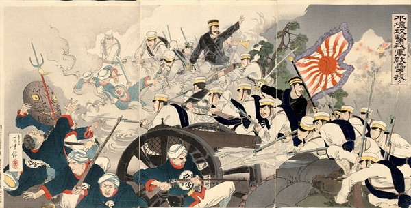청일전쟁을 그린 판화 '1894년 평양 전투'. 작가는 미즈노 도시가타.