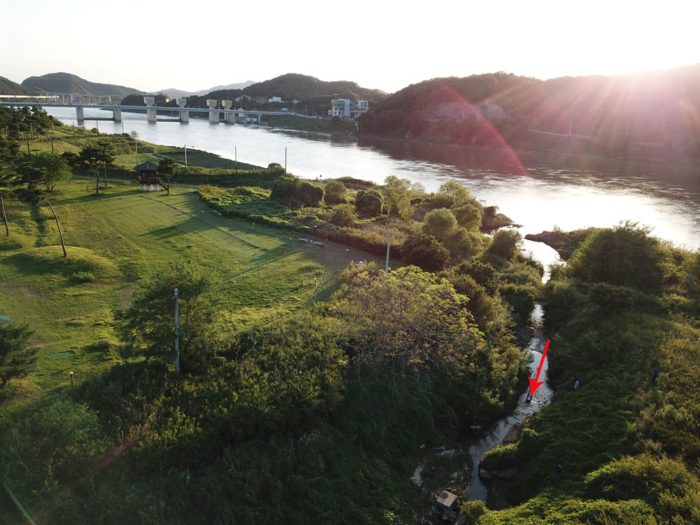 공주보 상류 400m 지점 소하천 (화살표) 관에서 오·폐수가 쉼 없이 빠져나와 금강으로 흘러들고 있다.