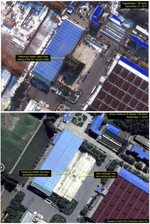 2017년 11월 21일(위)과 2018년 9월 1일 각각 촬영된 위성사진. 미사일 이동식발사대를 시험하는 임시구조물이 사라졌다.