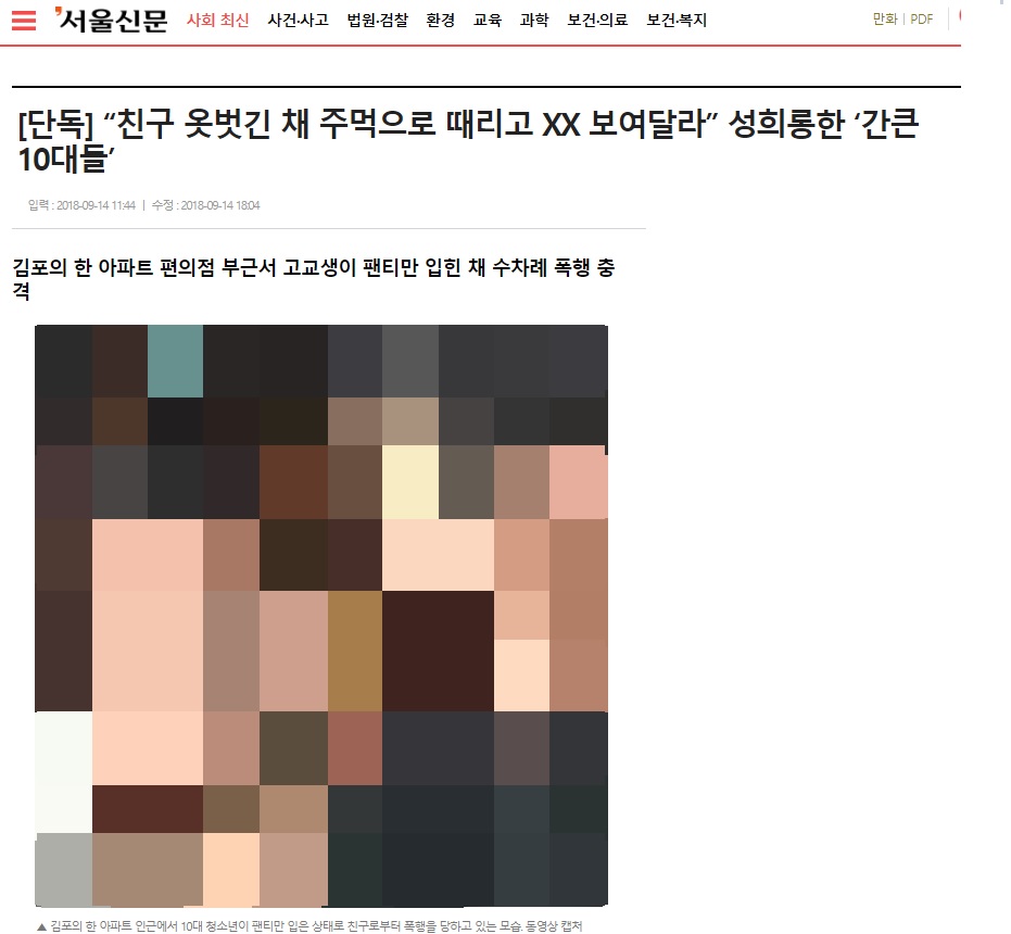 ? 자극적인 폭행 장면을 여과 없이 노출한 서울신문 기사(9/14)