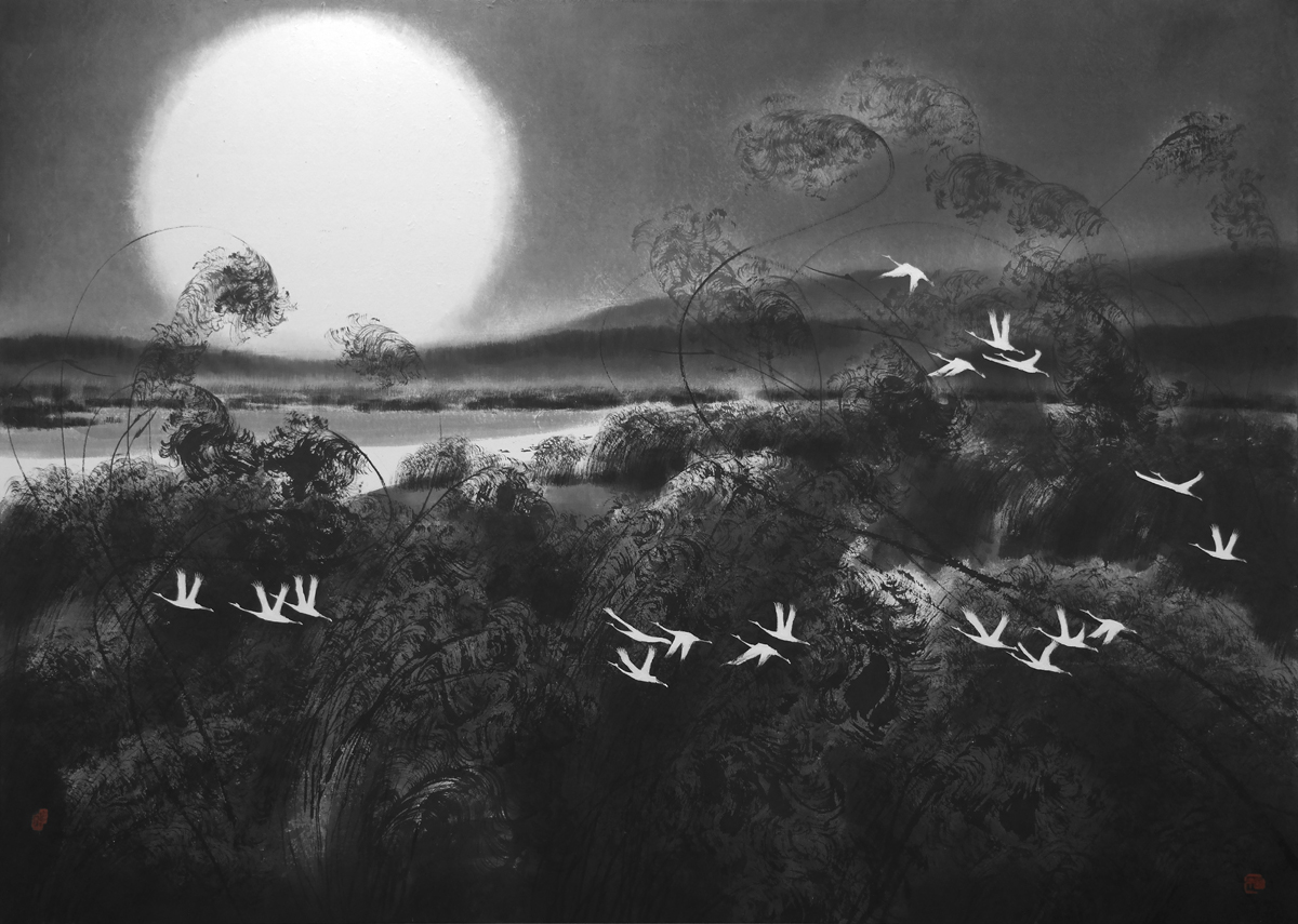 장안순 작가의 '갈대-재즈'. 갈대가 우거진 강을 밝히는 달과 어둠을 가르는 학의 날갯짓으로 가을밤의 적막을 표현했다. 