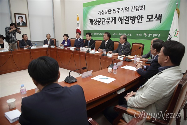 정동영 민주평화당 대표가 17일 오후 서울 여의도 국회에서 열린 개성공단 입주기업 간담회에 참석해 개성공단 문제 해결 방안에 대해 이야기를 나누고 있다.