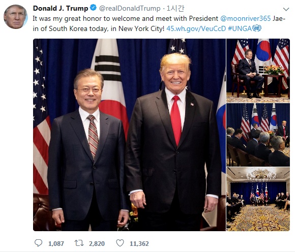 트럼프 미국 대통령의 한미 정상회담 관련 트윗