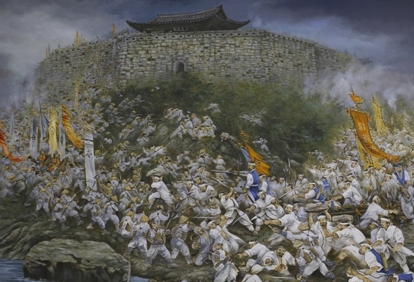 김천일이 의병장으로 참가한 1593년 진주성 전투 그림. 정렬사 기념관에서 만난다.