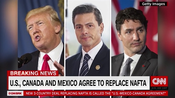 미국, 캐나다, 멕시코의 새 무역협장 타결을 보도하는 CNN 뉴스 갈무리.