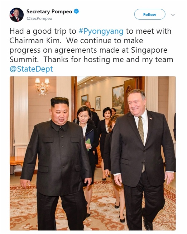 김정은 북한 국무위원장을 만난 사진을 올린 마이크 폼페이오 미국 국무장관 트위터 갈무리.
