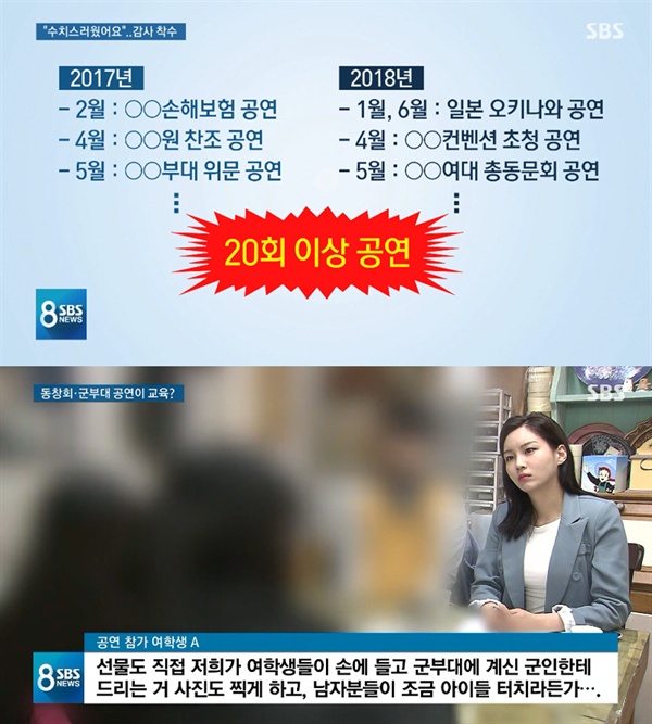  지난 14일 방영된 SBS 8시 뉴스의 한 장면. 서울의 한 유명 공연 전문 고교가 학생들을 부적절한 외부 행사 및 공연에 동원했다는 의혹을 제기했다.