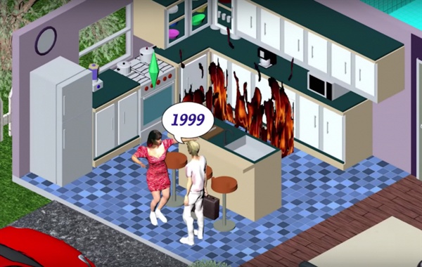  초창기 PC 게임 <심즈>를 가져온 '1999' 뮤직비디오 속 한 장면. <심즈>는 전 세계 2억장 판매고를 올린 PC게임의 전설이다.