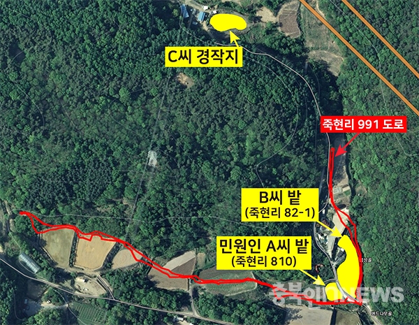 진천군 광혜원면 국유재산 991 도로부지 무단점유 지도.