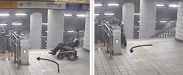 지난해 10월 20일 신길역 휠체어 리프트 사고 당시 모습. 한영덕씨가 호출버튼을 누르기 위해 계단을 등지고 있다. 