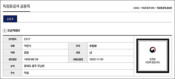 박은식 대한민국 임시정부 제 2대 대통령 박은식 선생의 사진 칸은 비어있다