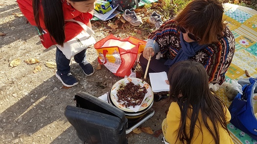 장터에서는 유기농 논에서 잡은 메뚜기를 구워 팔고 있다. 마을 아이들이 호기심 가득한 눈으로 쳐다 보며 관심을 보이고 있다. 