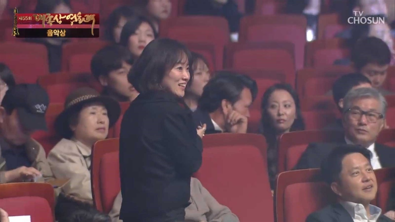  55회 대종상 음악상을 대리수상하려던 남한산성 관계자가 엉둥한 사람이 대리수상자로 나서자 뒷걸음치고 있다. 