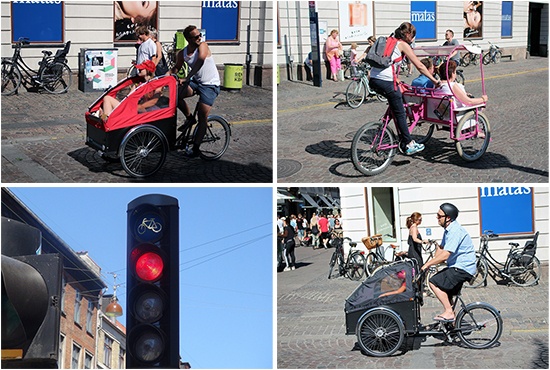 코펜하겐 시내에서 볼 수 있는 자전거 신호등과 다양한 모양의 자전거들.