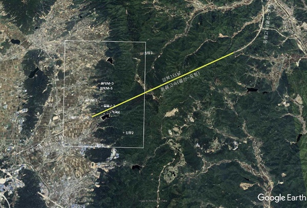 포항울산고속도로 양북1터널 주변 활성단층 분포도(구글 위성 사진)