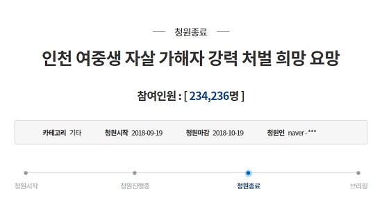  최근 ‘여학생’ 학교폭력은 피해학생의 자살이라는 극단적 결과로 이어지고 있어 대응책 마련이 시급하다. ‘인천 여중생 자살’ 사건 가해자 처벌을 바라는 청와대 국민청원이 20만 명을 넘었다.