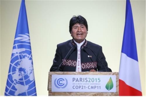 2015년 파리협약에서 기후정의를 주장한 에보 모랄레스 볼리비아 대통령